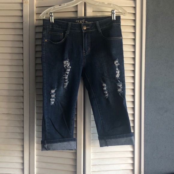 Blue Denim Capri Distressed Jeans - Picture 1 of 2